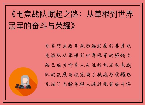 《电竞战队崛起之路：从草根到世界冠军的奋斗与荣耀》
